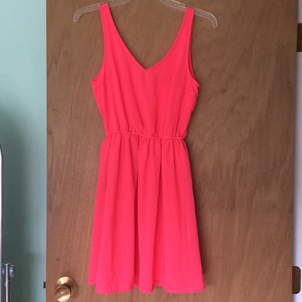 Neon pink sun dress, vneck front/back, party dress
